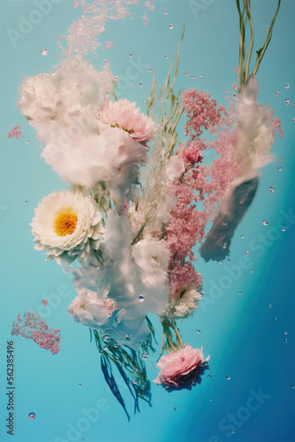 Underwater creative love concept of fresh Spring flowers in water background. Love is in the water, happy Valentine's Day. Pastel blue background. Illustration. Generative AI.