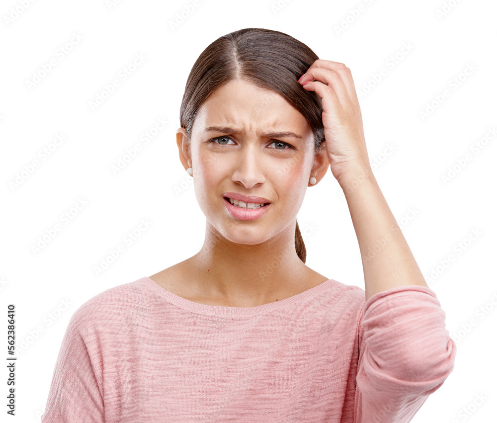 Confused, thinking and woman in studio portrait for mistake, decision or choice problem isolated on white background. Doubt, idea and model face and hand scratch head for confusion sign on mockup Confused, thinking and woman in studio portrait for mistake, decision or choice problem isolated on white background. Doubt, idea and model face and hand scratch head for confusion sign on mockup