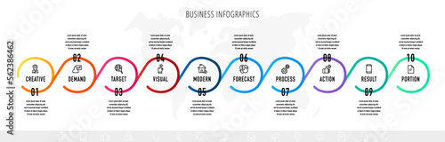 Vector line infographics with ten circles. Business concept graphic process template with 10 steps. Graphic timeline for app, website, interface, chart, levels, web, diagram, banner, presentations