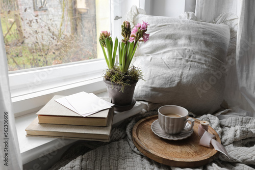 Cozy Easter, spring still life scene. Cup of coffee, books and blank greeting card on windowsill. Vintage feminine styled photo. Moody floral composition. Potted pink hyacinth flowers. Linen plaid.