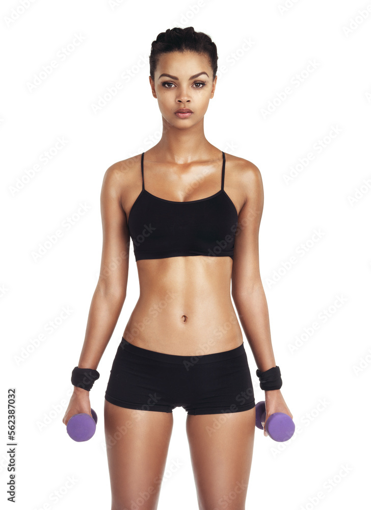 Dumbbells, exercise and body of woman in studio portrait with training, workout and fitness health, wellness and goals. Face, bodybuilding and athlete in sports clothes isolated on white background Dumbbells, exercise and body of woman in studio portrait with training, workout and fitness health, wellness and goals. Face, bodybuilding and athlete in sports clothes isolated on white background