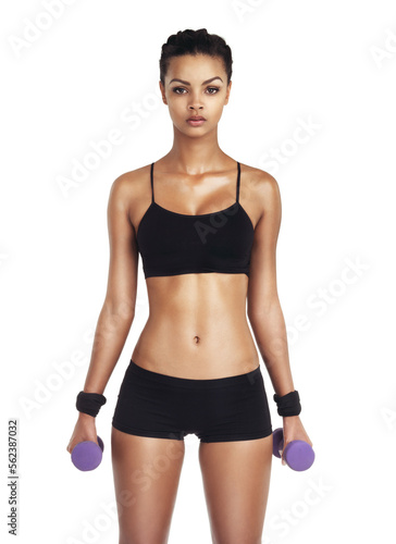 Dumbbells, exercise and body of woman in studio portrait with training, workout and fitness health, wellness and goals. Face, bodybuilding and athlete in sports clothes isolated on white background © Donson/peopleimages.com