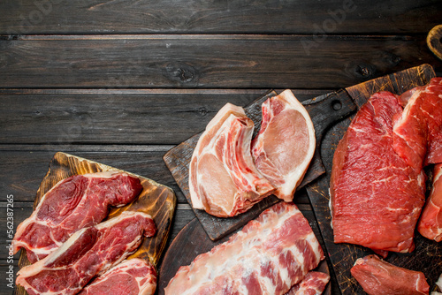 Raw meat. Different kinds of pork and beef meat.