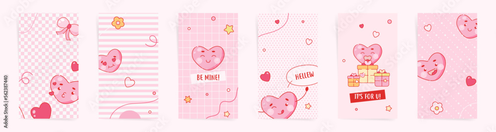 Valentine day stories banners cute template set. 14 February design for stories and promo posts. Design with cute hearts, gift presents and minimal patterns in white and pink colors set.