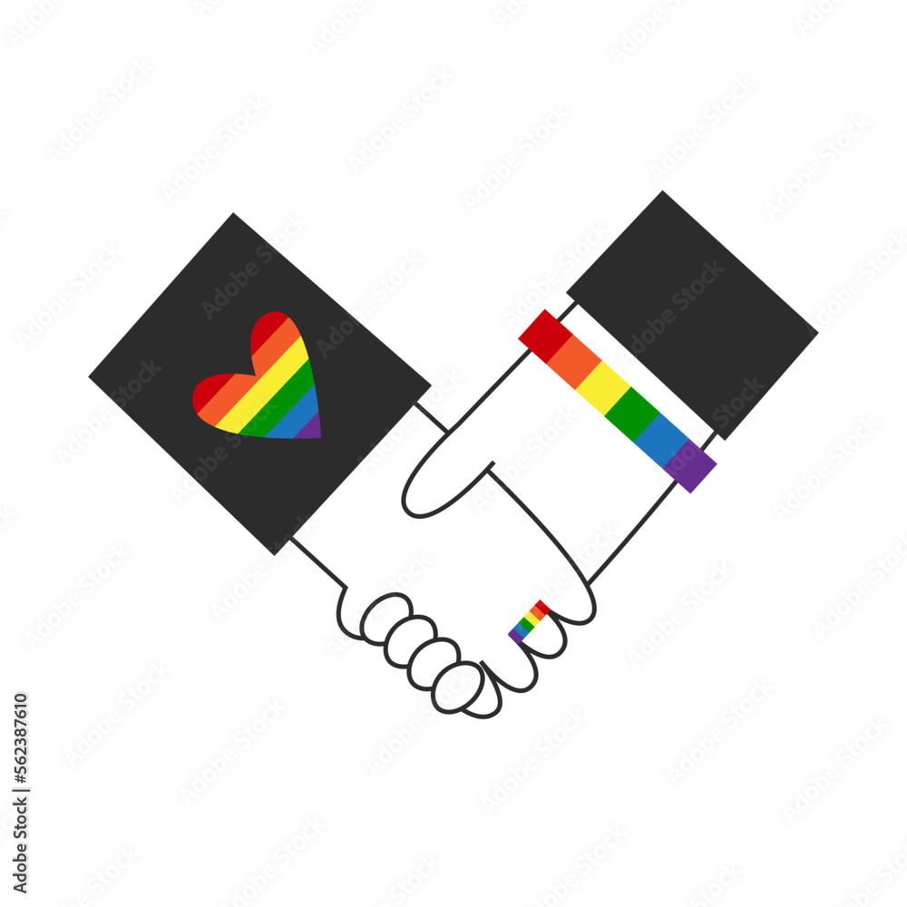 Gay people with rainbow flag lgbt symbols hold hands. Valentines day love. Happy pride, diversity and inclusion concept. Vector flat illustration set. Gay people with rainbow flag lgbt symbols hold hands. Valentines day love. Happy pride, diversity and inclusion concept. Vector flat illustration set.