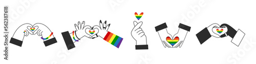 Hands make rainbow heart shape. Different ethnicities with a gay lgbt flag symbol. Happy pride, Valentines day, diversity and inclusion concept. Vector flat illustration set.
