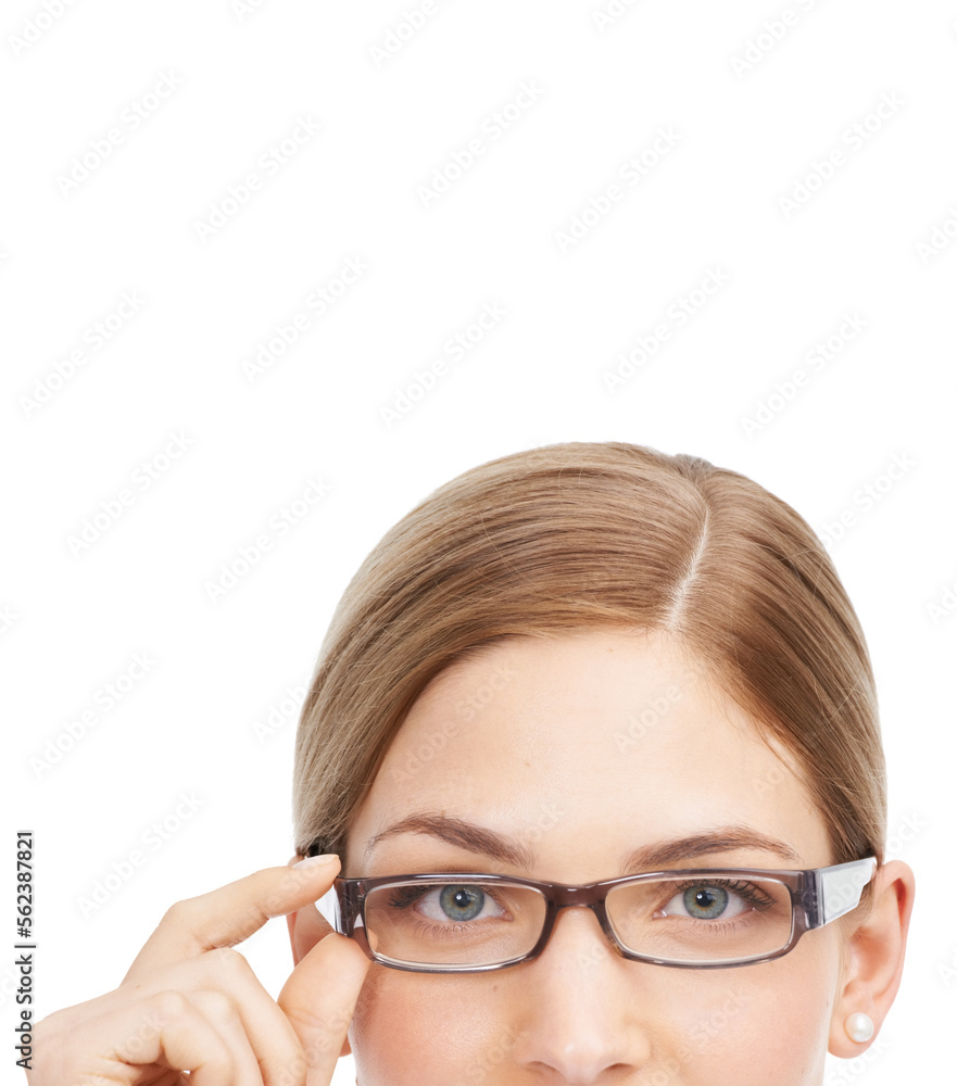 Portrait, mockup and glasses with a woman in studio isolated on a white background for a prescription lenses test. Eyewear, vision or frame with an attractive young female on blank space for eye care Portrait, mockup and glasses with a woman in studio isolated on a white background for a prescription lenses test. Eyewear, vision or frame with an attractive young female on blank space for eye care