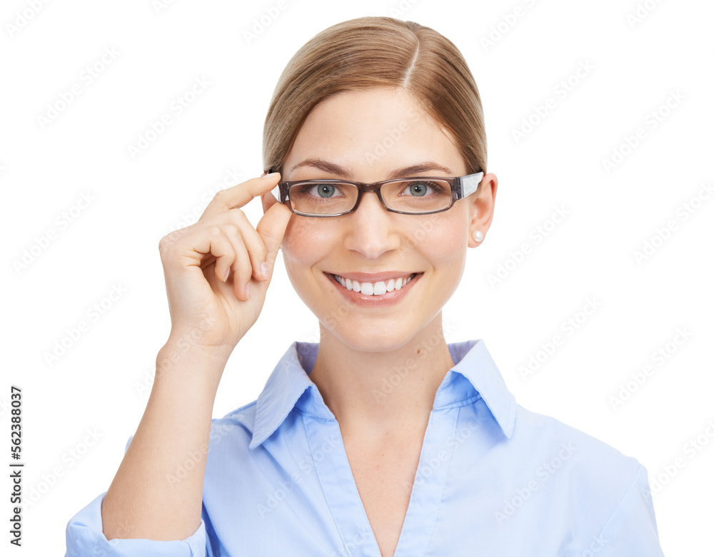 Vision, smile and portrait of woman with glasses for eyesight isolated on white background. Eyes, sight and happy woman receptionist with prescription frame and lens for medical spectacles in studio. Vision, smile and portrait of woman with glasses for eyesight isolated on white background. Eyes, sight and happy woman receptionist with prescription frame and lens for medical spectacles in studio.