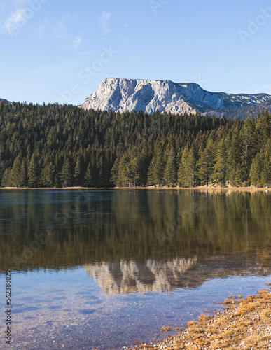 Beautiful view of Black lake, Crno Jezero in Durmitor National Park, Zabljak, northern Montenegro, landscape in a sunny day with blue sky, with glacial lake, forest hiking trail and mountain peaks