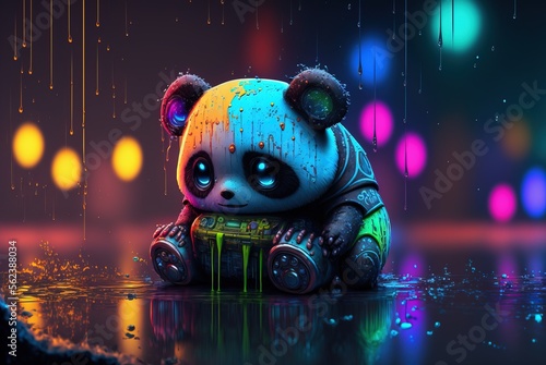 Robotic cyberpunk panda bear toy sitting alone in the rain soaked streets illuminated by colorful neon cyber lights - Generative AI illustration.	 photo