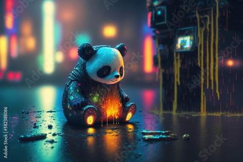 Robotic cyberpunk panda bear toy sitting alone in the rain soaked streets illuminated by colorful neon cyber lights - Generative AI illustration. 