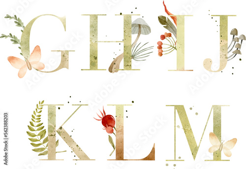 Watercolor textured letters from G to M in uppercase with natural elements decoration