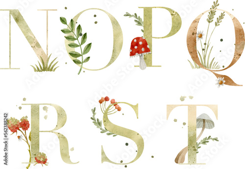 Watercolor textured letters from N to T in uppercase with natural elements decoration