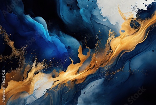 Abstract art blue and gold paint background, watercolor painting. Generative AI