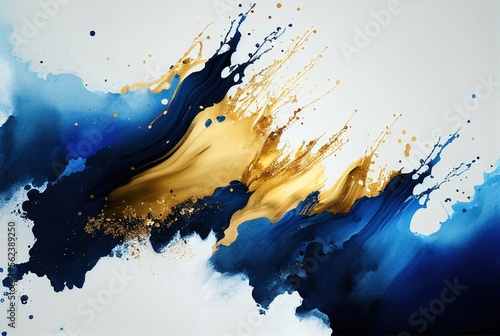Abstract art blue and gold paint background, watercolor painting. Generative AI