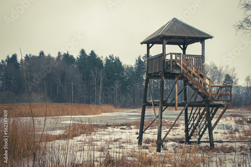 An old wooden hunting tower in a small Swedish town