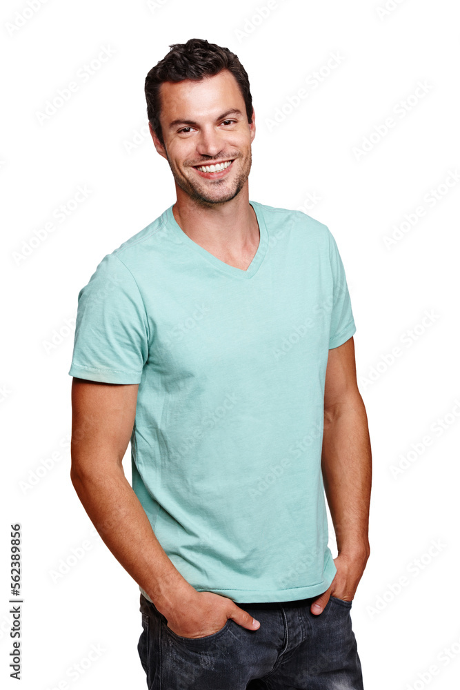 Portrait, smile and happy man with hands in pocket in studio isolated on a white background. Pride, cool and model male posing in tshirt clothes for trendy style and positive mindset for motivation Portrait, smile and happy man with hands in pocket in studio isolated on a white background. Pride, cool and model male posing in tshirt clothes for trendy style and positive mindset for motivation
