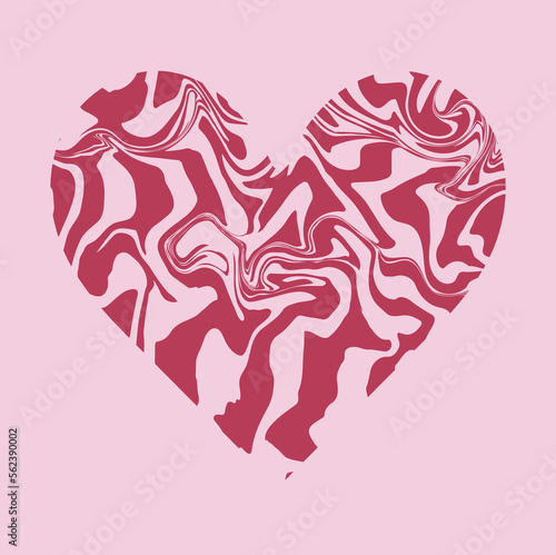 1970 Wavy Swirl Heart in Pink Colors. Hand-Drawn Vector Illustration. Seventies Style, Groovy Background, Wallpaper, Print. Flat Design, Hippie Aesthetic.