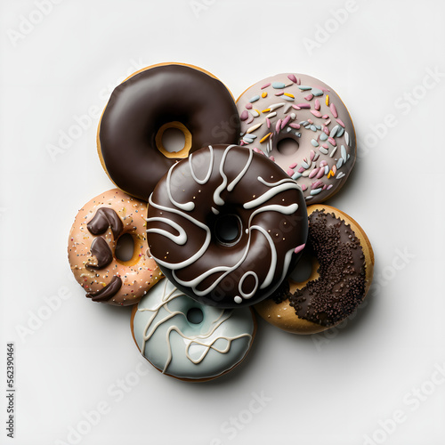 doughnuts on white background, perfect for advertising, packaging, menus, cookbooks. Highlighting texture & details, shot from above, high-res suitable for printing, posters, banners & more photo