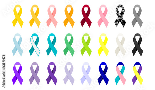 Set of all cancer ribbons, Cancer awareness ribbons. Flat vector illustration.
