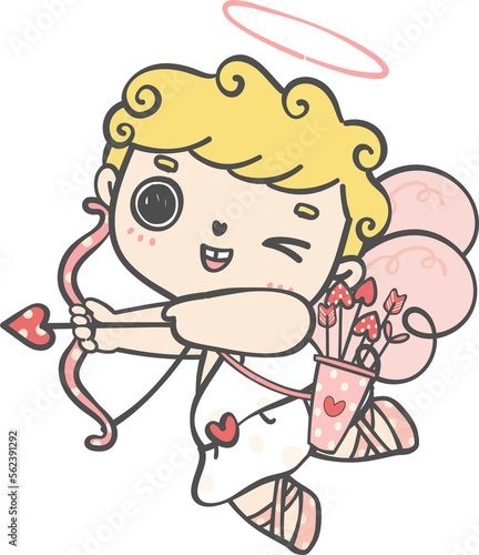 cute happy Valentine love cupid boy curly hair with arrow cartoon doodle hand drawing