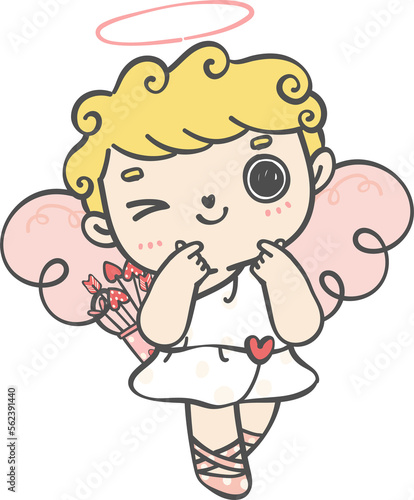 cute happy Valentine love cupid boy curly hair with arrow cartoon doodle hand drawing