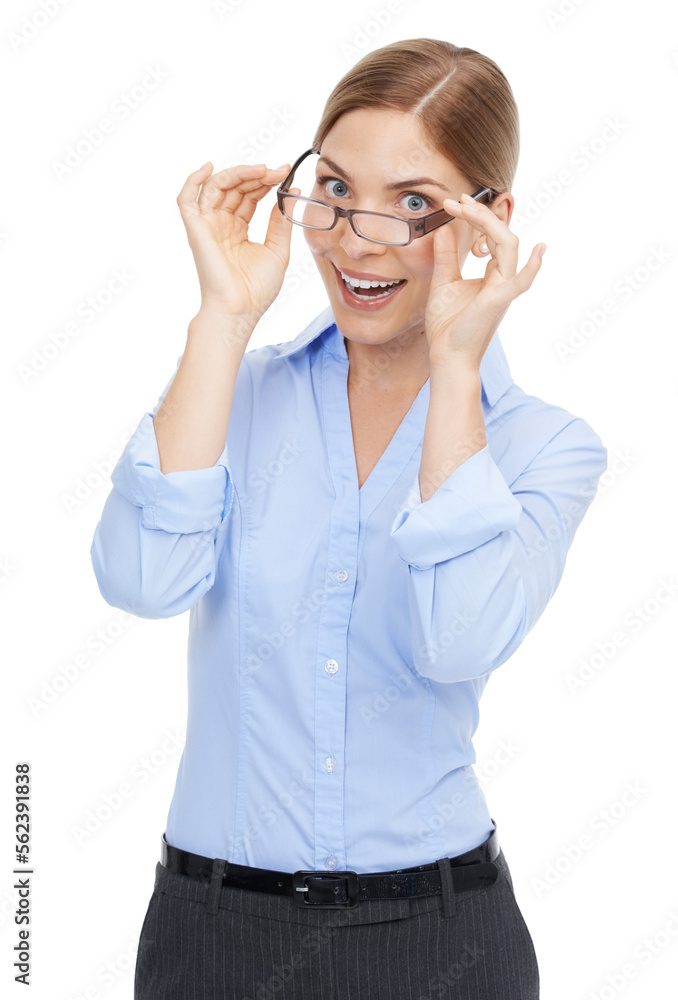 Portrait, excited and woman with glasses, corporate and receptionist isolated on white studio background. Business, female agent and clear vision with eyewear, confident and happiness on backdrop Portrait, excited and woman with glasses, corporate and receptionist isolated on white studio background. Business, female agent and clear vision with eyewear, confident and happiness on backdrop