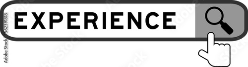 Search banner in word experience with hand over magnifier icon on white background