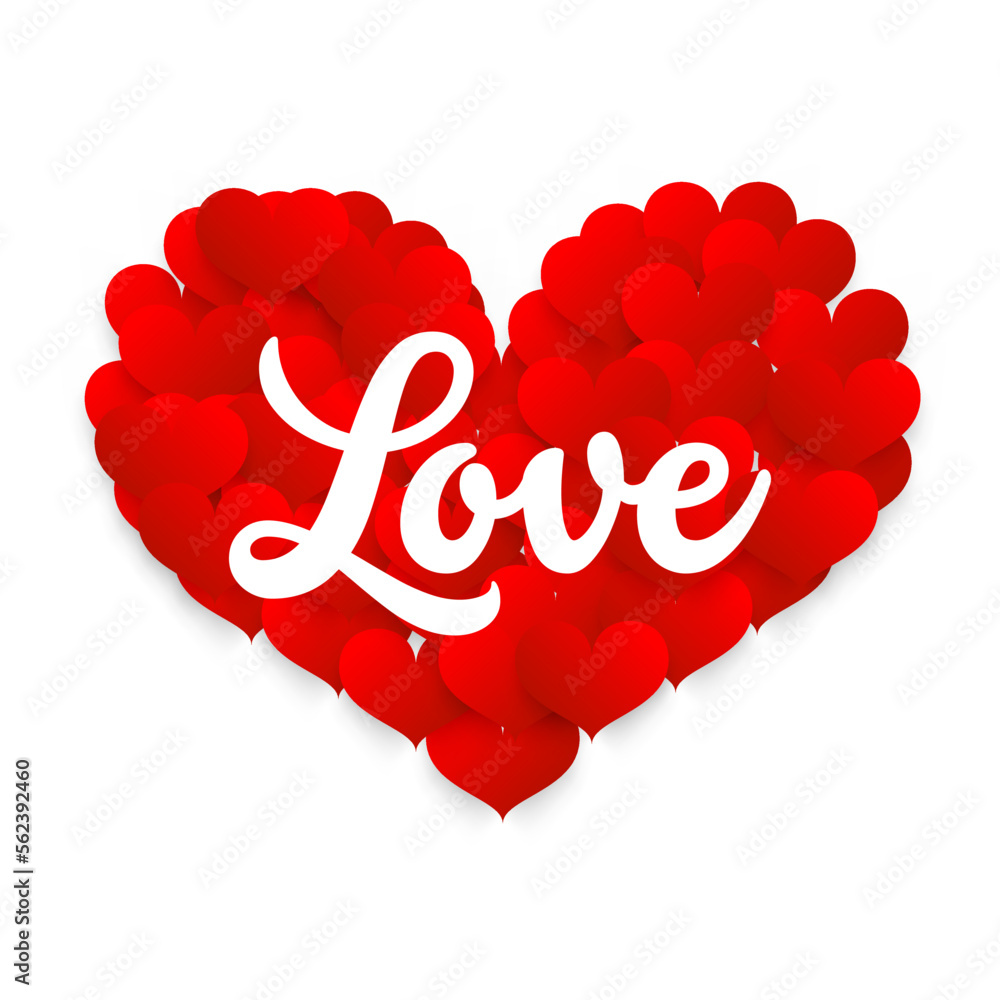 Fototapeta Big heart made from small hearts and Love title isolated on white background - vector