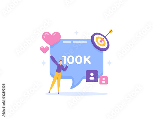 get 100k likes, comments, followers, subscribers. target audience of social media. Engagement. an influencer is happy because he gets a lot of other people's interactions on his content. celebration