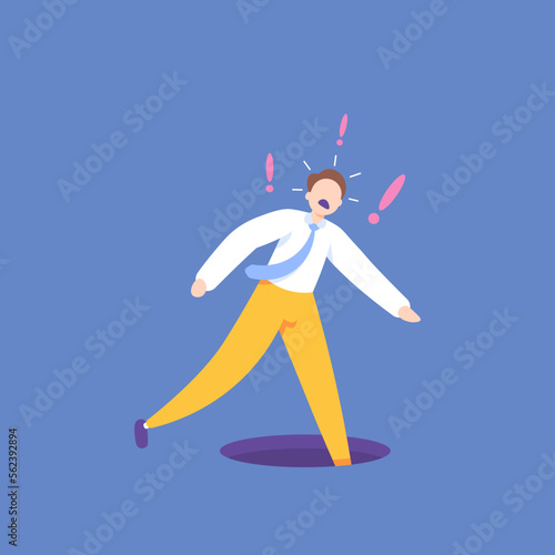 blunder or make a fatal mistake. wrong decision. an incident, misfortune or accident. A businessman accidentally fell into a hole. careless male employee. illustration concept design. graphic elements