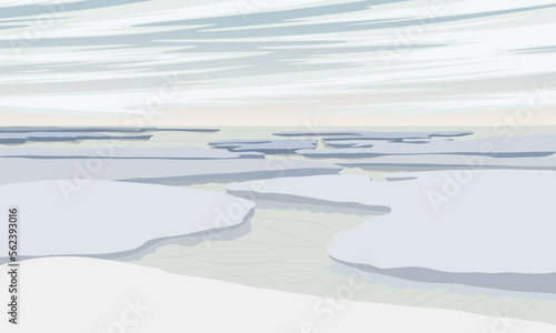 Large ice floes on the surface of a lake, river, sea or ocean. Nature in winter. North and Arctic Circle. Realistic vector landscape