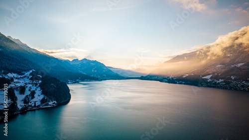 Lake in between mountains in the Alps, Switzerland.