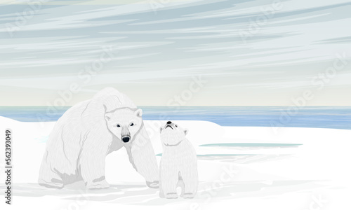 A polar bear and her cub are sitting on an icy ocean shore. Wild animals of the Arctic. Realistic vector landscape
