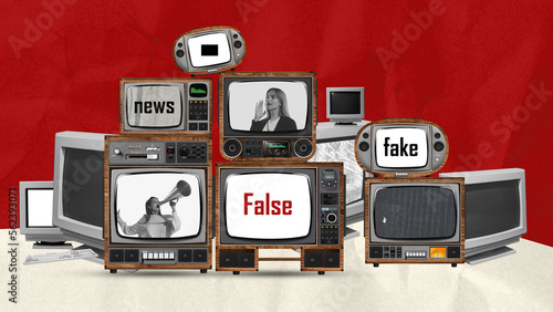 Contemporary art collage. Conceptual design. Set of retro TV and computer screens showing fake news, disinformation. photo