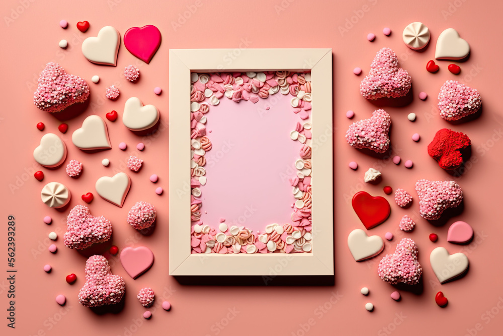 valentine's day theme photo frame, heart decoration, sweets.