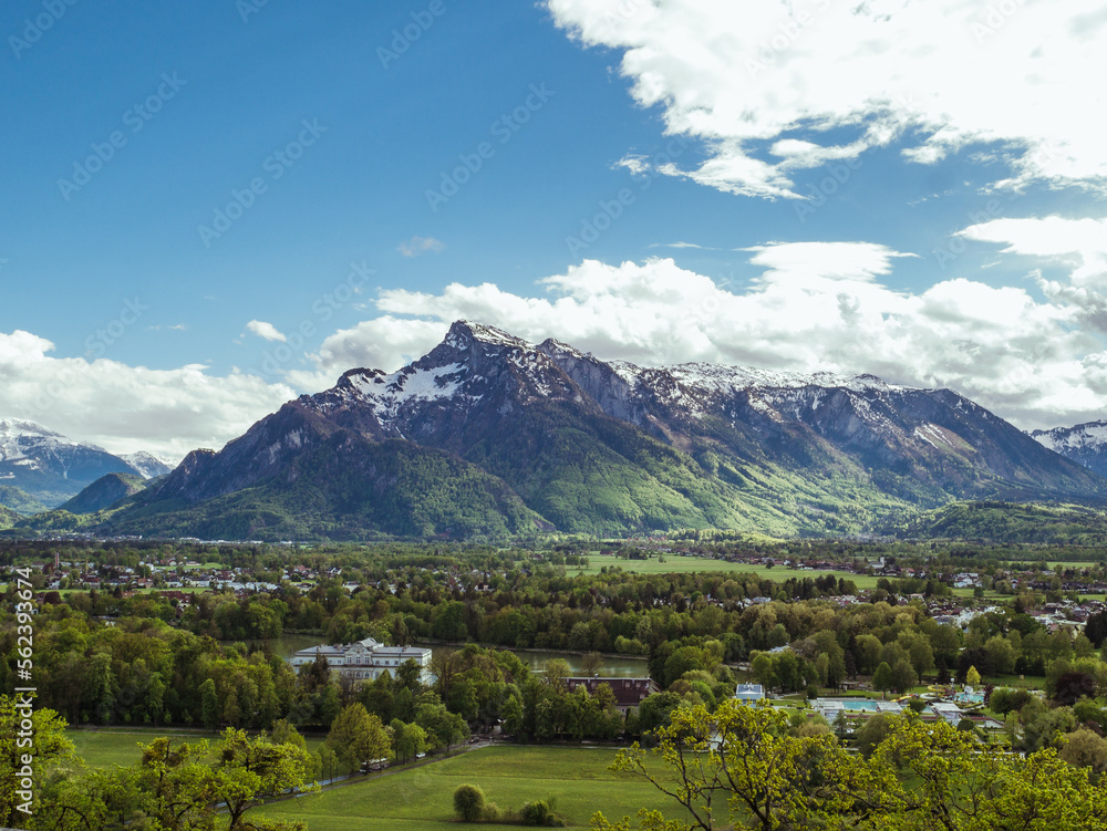 View of greenery, mountains and city in Salzburg, Austria.