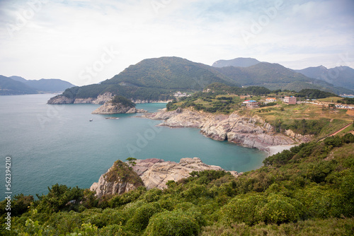 The beautiful scenery of Sinseondae in Geoje. The amazing appearance of the South Sea in Korea. Landscape photo. Sea, sky, and pine trees.