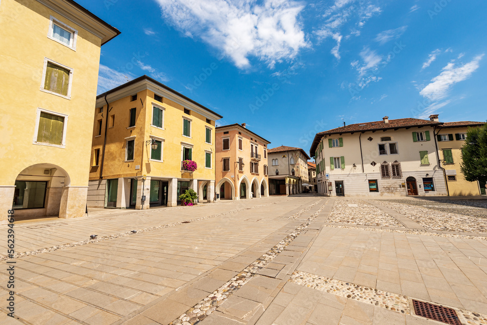 Main town square in Spilimbergo of medieval origins called Piazza Giuseppe Garibaldi (Giuseppe Garibaldi square), Pordenone province, Friuli-Venezia Giulia, Italy, southern Europe.