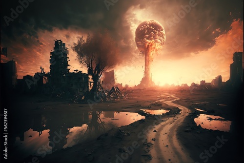 Apocalyptic landscape. Post-apocalyptic, End of the world. Desrtoyed city. Devastated Ruins of a city. Dramatic sky. Horror scene. Dark environment. Generative AI. photo