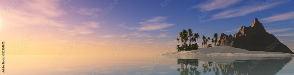 Island in the ocean, beautiful tropical island with palm trees and rock at sunset, 3d rendering