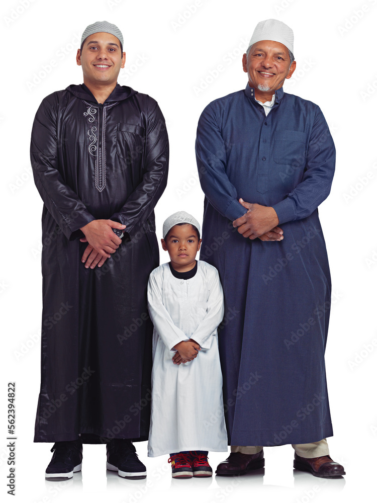 Muslim, family and portrait of men in studio for Islamic, prayer and bonding on white background. Islam, generation and mature man teaching prayer, worship and religion values while standing isolated