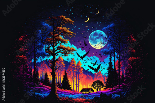 Landscape abstract background with trees moon illustration on dark background. Mystical forest. Generative AI