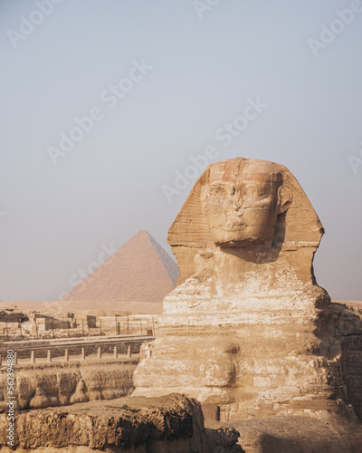 The Sphynx with a pyramid in the background in Giza  Cairo  Egypt.