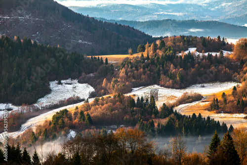 Fototapeta Naklejka Na Ścianę i Meble -  Sielankowy krajobraz słowackich Pienin w czasie bezśnieżnej zimy, kolorowy górski las