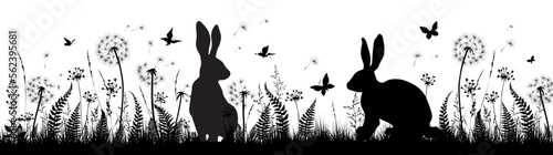 Floral background with silhouettes of rabbits, butterflies, fern and dandelions. Easter background.