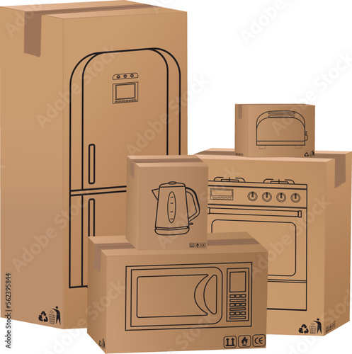 different appliance boxes set on ground illustration on blue background