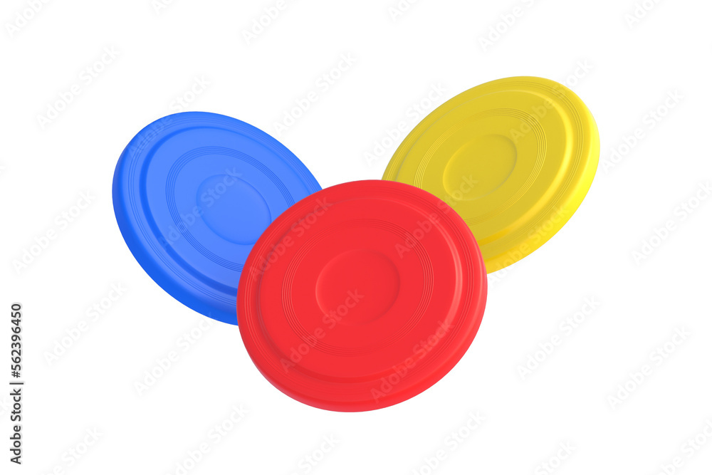 Frisbee disk isolated on white background. Plastic discs. Beach games. Outdoor activity. Summer entertainment. Toy for summertime vacation on sea. 3d render Frisbee disk isolated on white background. Plastic discs. Beach games. Outdoor activity. Summer entertainment. Toy for summertime vacation on sea. 3d render