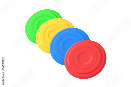 Row of frisbee disk isolated on white background. Plastic discs. Beach games. Outdoor activity. Summer entertainment. Toy for summertime vacation on sea. 3d render