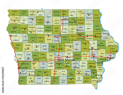 Highly detailed editable political map with separated layers. Iowa.